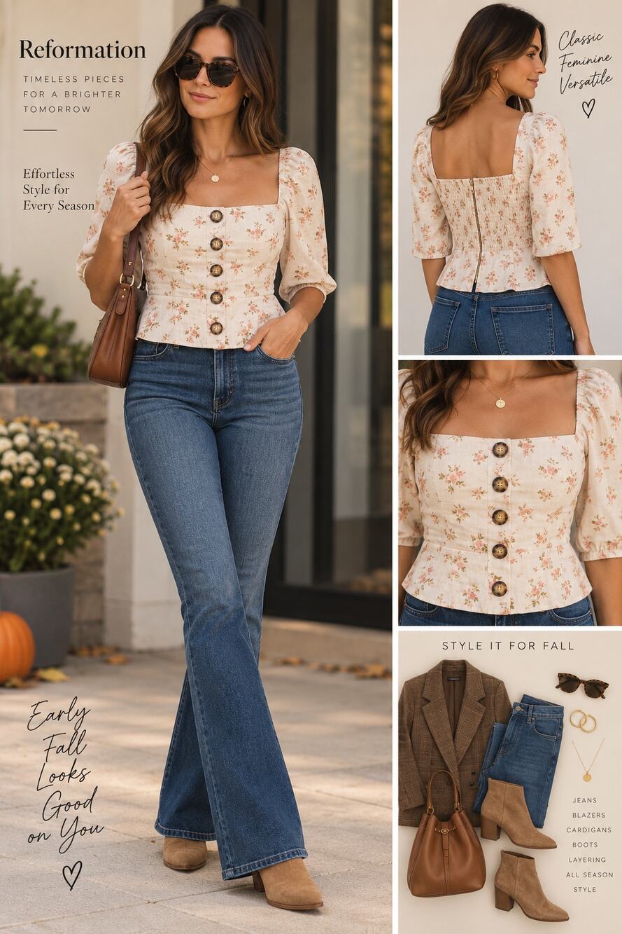 Reformation Augusta Top Size 2 Cream Floral Linen Puff Sleeve Button Front